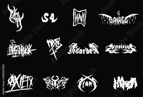 Colection Grunge style typography with Gohtic Punk tattoo. Gothic Punk print and Dark Metal tattoo in Y2k style. Trendy fashion and typographic print template