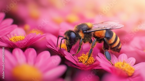 Honeybee Gathering Nectar from Vibrant Flowers