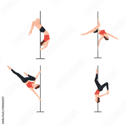 Woman pole dancer dancing poses on pole. Flat vector illustration isolated on white background