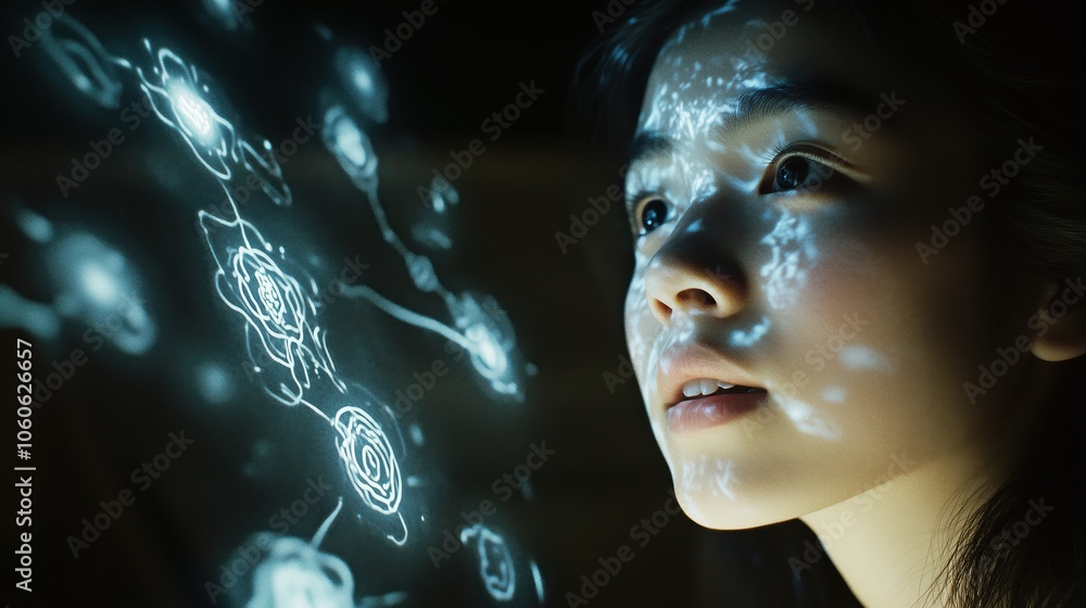 Person’s Face Illuminated by Futuristic Light Projection Person’s Face Illuminated by Futuristic Light Projection