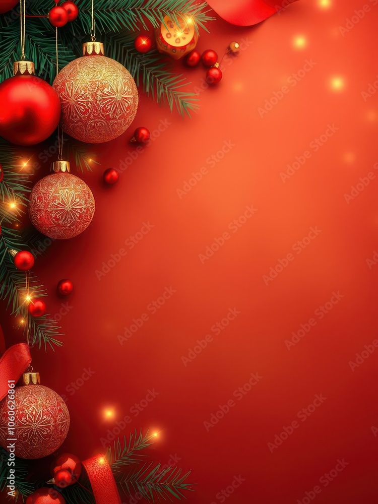 A festive red and green Christmas background with shimmering gold ornaments and twinkling lights, season, gold A festive red and green Christmas background with shimmering gold ornaments and twinkling lights, season, gold