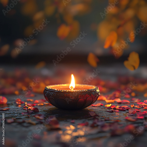 eautifully arranged diyas with glowing flames, set against a dark backdrop with scattered rose petals, capturing the festive warmth and spiritual ambiance of Diwali celebrations. photo