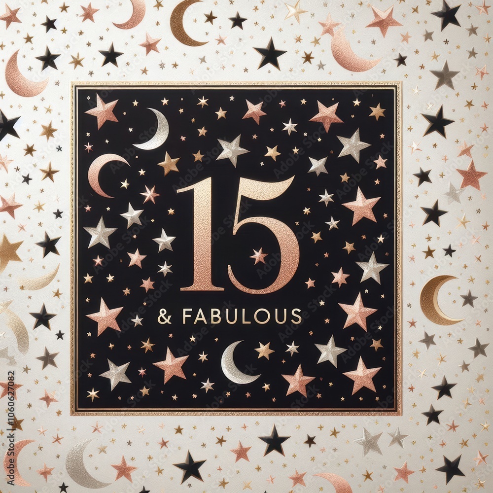 Stylish celebratory design featuring '15 & Fabulous' with stars and moons. Stylish celebratory design featuring '15 & Fabulous' with stars and moons.