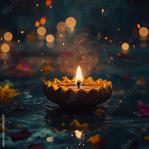 eautifully arranged diyas with glowing flames, set against a dark backdrop with scattered rose petals, capturing the festive warmth and spiritual ambiance of Diwali celebrations. photo