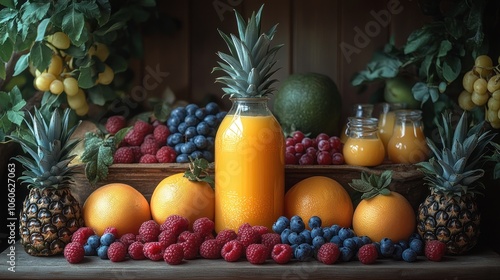 A glass bottle filled with orange juice sits on a wooden table surrounded by fresh fruit like grape, pineapple, raspberry, blueberry, and grapefruit.