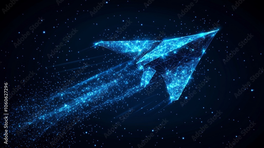 Abstract glowing blue paper airplane soaring through the night sky. Abstract glowing blue paper airplane soaring through the night sky.