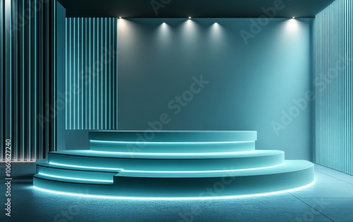 A modern, illuminated stage with circular steps and ambient lighting, designed for presentations or performances. photo