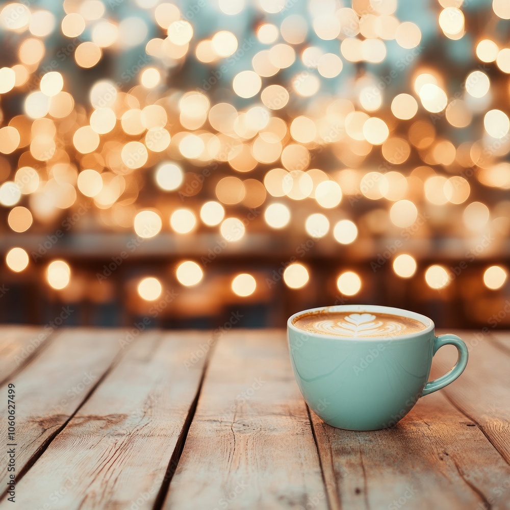 A cup of latte art coffee on wooden table with bokeh lights in the background. A cup of latte art coffee on wooden table with bokeh lights in the background.
