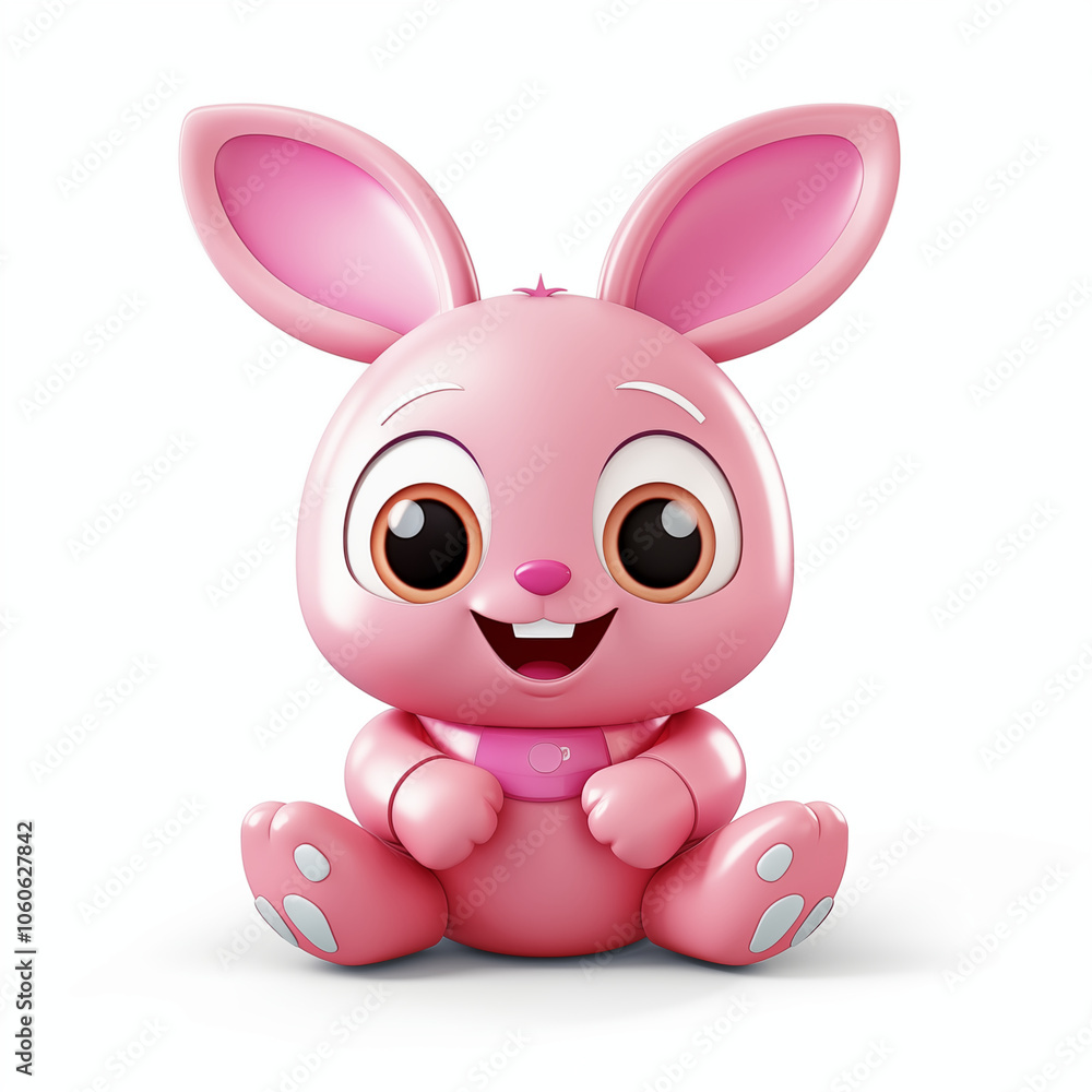 A cheerful pink cartoon bunny sits happily with big eyes and a wide smile, inviting joy and fun A cheerful pink cartoon bunny sits happily with big eyes and a wide smile, inviting joy and fun