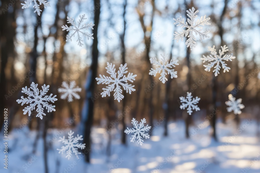 Snowflakes floating against a blurred winter forest, magical and serene Snowflakes floating against a blurred winter forest, magical and serene