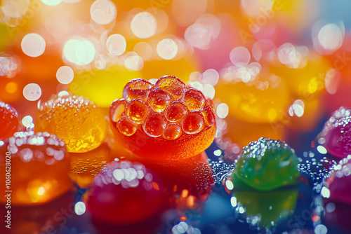 Colorful assortment of jelly beans are arranged on a table. The jelly beans are of various colors and sizes, creating a vibrant and playful scene. Concept of fun and indulgence photo