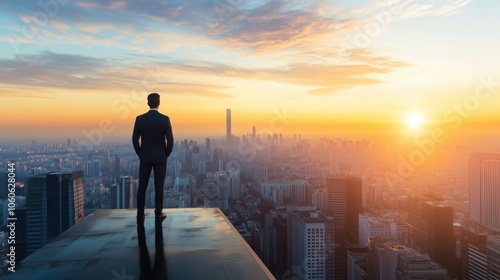 High-Angle View of Businessperson Overlooking City Skyline at Sunrise