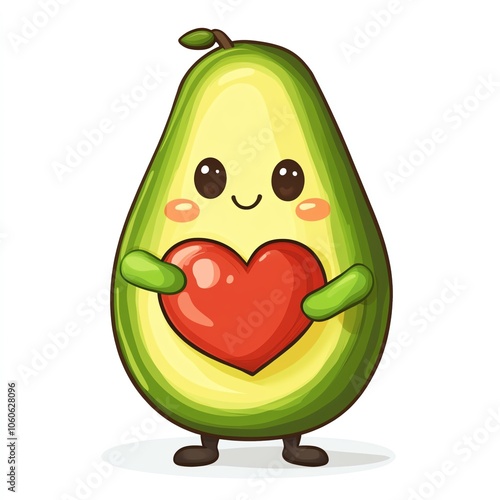A cute avocado holding a heart, the cheerful avocado with sparkling eyes, the cute avocado filled with happiness, the smiling avocado glowing brightly, cartoonish style, isolated on white background.