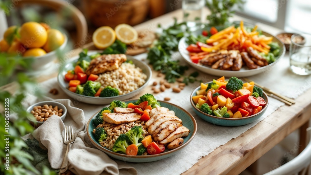 Balanced Plate Rule Meal with Grilled Chicken, Vegetables, and Grains on a Dining Table Balanced Plate Rule Meal with Grilled Chicken, Vegetables, and Grains on a Dining Table