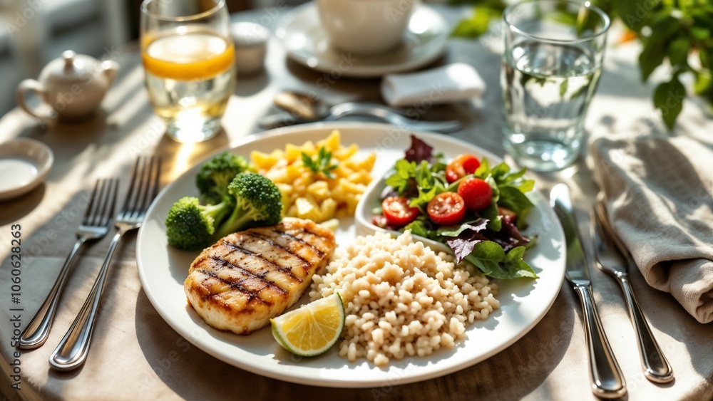 Plate Rule Healthy Meal with Grilled Fish, Quinoa, Broccoli, and Salad on a Table Plate Rule Healthy Meal with Grilled Fish, Quinoa, Broccoli, and Salad on a Table