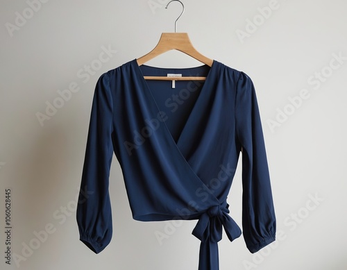 Elegant navy blue wrap blouse hanging on a wooden hanger against a light background. photo