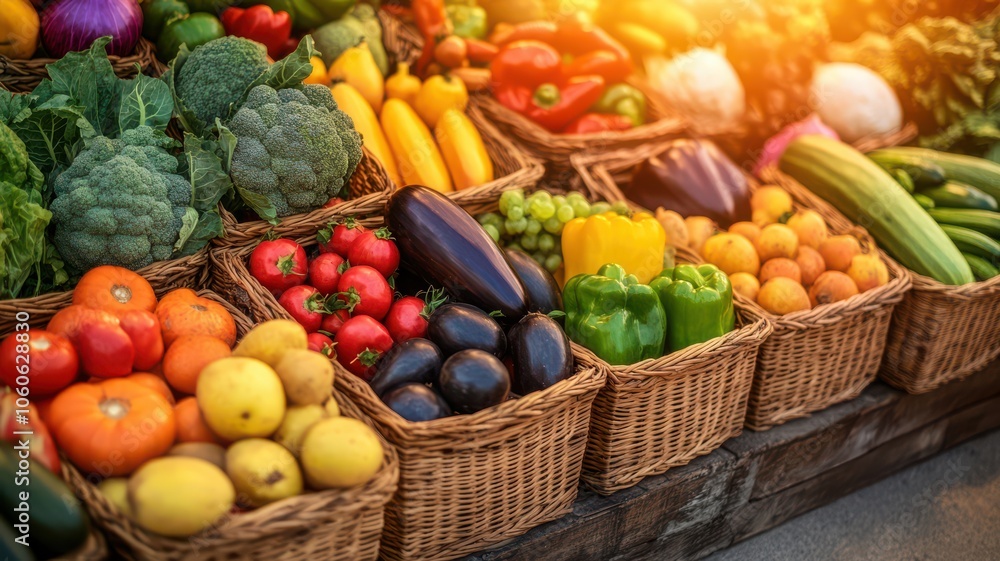 Vibrant produce display featuring a variety of fresh vegetables and fruits in woven baskets at a market. Vibrant produce display featuring a variety of fresh vegetables and fruits in woven baskets at a market.