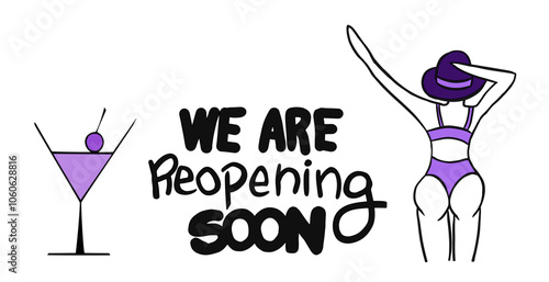 Ilustração vetorial comercio retorno abertura estabelecimento porta de entrada placa frase em ingles oficial bem vindos