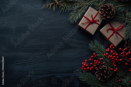 Christmas background with gift boxes, pine cones, and red berries on a black wooden table. Flat lay, top view of holiday decoration with copy space for text or design, Generative Ai 