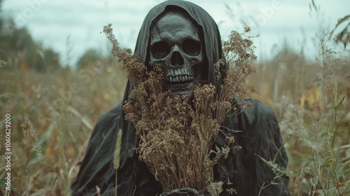 A hooded skeleton grips a dry bouquet in an eerie field, evoking a sense of sorrow and haunting, suitable for themes about mortality or nature's decay. photo