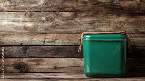 A green container with a leather strap displayed against a rustic wooden backdrop conveys a vintage and practical vibe perfect for storage or decoration. photo