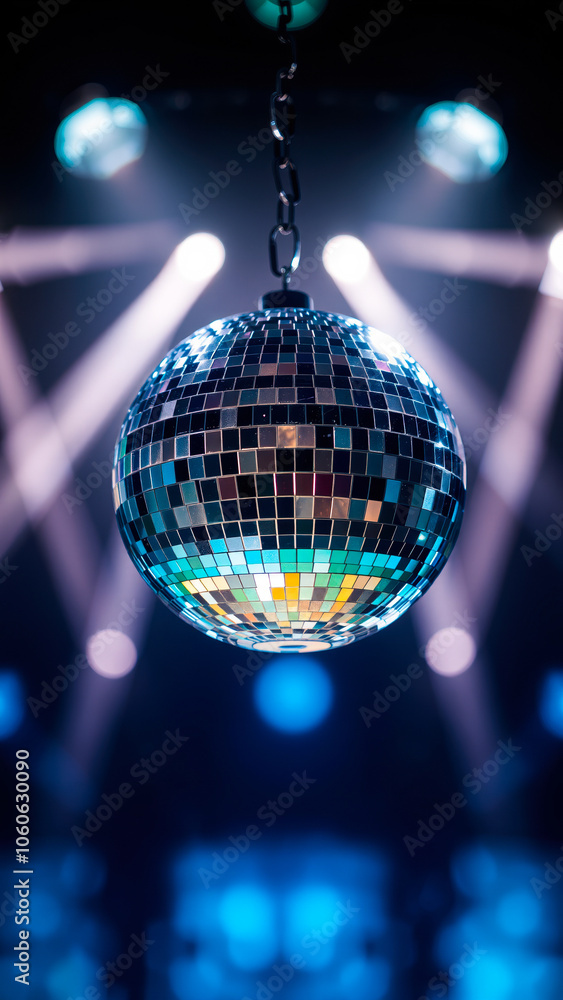 Fototapeta premium silver disco ball hangs a dark room