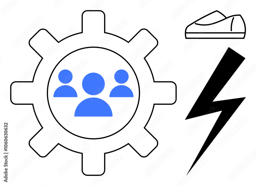 Gear with three blue person icons inside, a sneaker, and a bolt of lightning. Ideal for teamwork, productivity, sports, energy, motivation, collaboration and mechanics themes. Line metaphor Gear with three blue person icons inside, a sneaker, and a bolt of lightning. Ideal for teamwork, productivity, sports, energy, motivation, collaboration and mechanics themes. Line metaphor