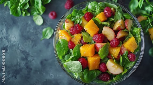 Delicious and Healthy Fruit Salad Top View of Mixed Fruit Salad, Symbolizing Immune Support and Nutrient Density This colorful bowl is packed with vitamins, minerals, and antioxidants to boost your