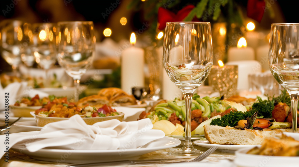 Fototapeta premium Christmas Dinner Table with Candles, Festive Dishes, and Cozy Atmosphere