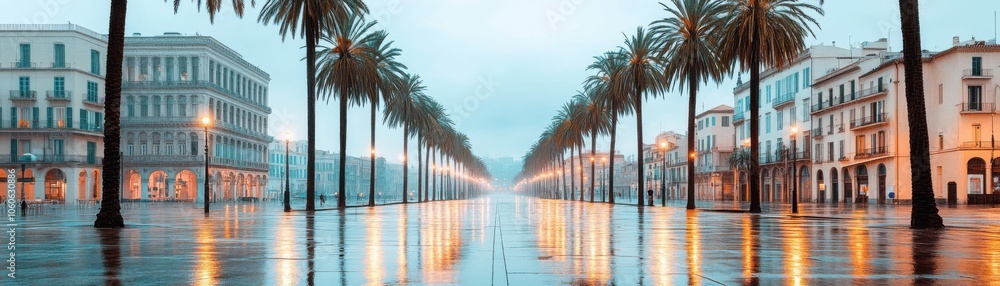 Obraz premium Serene street view with palm trees under a soft rain, creating a tranquil atmosphere in a vibrant urban setting.