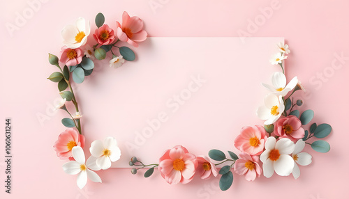 Blank paper card mockup with frame made of flowers and eucalyptus. Festive floral composition with copy space on a pink pastel background isolated with white highlights, png