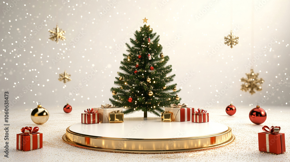 Fototapeta premium Christmas tree and decoration podium background for product presentation