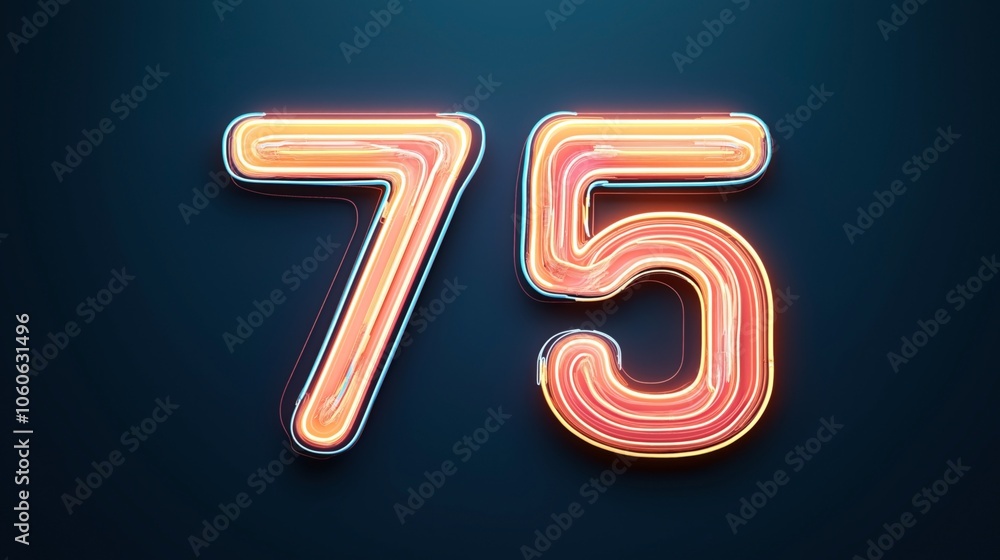 Neon light numerals '75' glowing in vibrant colors against a dark background, featuring layered neon tube design with red, orange, and yellow hues Neon light numerals '75' glowing in vibrant colors against a dark background, featuring layered neon tube design with red, orange, and yellow hues