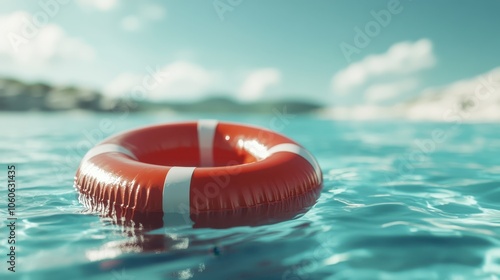 A vibrant red and white lifebuoy floats alone on the calm, clear blue water, symbolizing safety, hope, and preparedness in an idyllic aquatic setting.