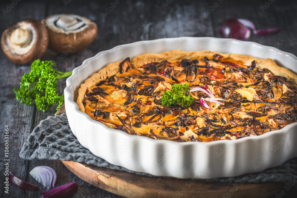 Tart, quiche, with caramelized mushrooms, red onions and parsley on a dark background Tart, quiche, with caramelized mushrooms, red onions and parsley on a dark background
