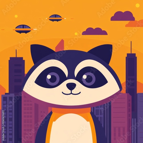 A cute raccoon in the middle of a futuristic city with flying saucers. photo