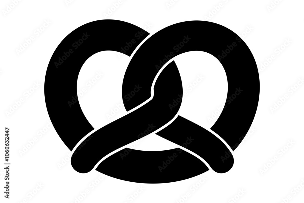 Pretzel, bretzel or also brezel symbol, black silhouette of a baked dough, commonly shaped into a knot. Traditional shape with distinctive symmetrical form with ends intertwined to form a pretzel bow. Pretzel, bretzel or also brezel symbol, black silhouette of a baked dough, commonly shaped into a knot. Traditional shape with distinctive symmetrical form with ends intertwined to form a pretzel bow.