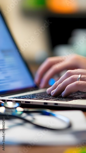 An up-close photo of a doctor sitting at a desk with a laptop and stethoscope, using digital medical software for patient data management