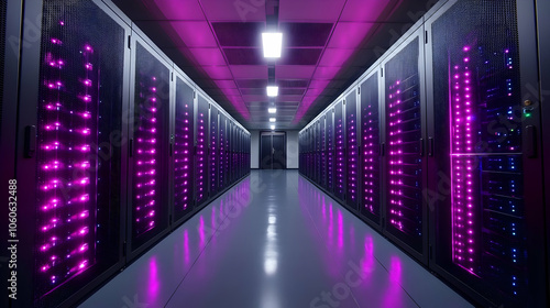 Server Room Interior with Pink Lighting - Realistic Image