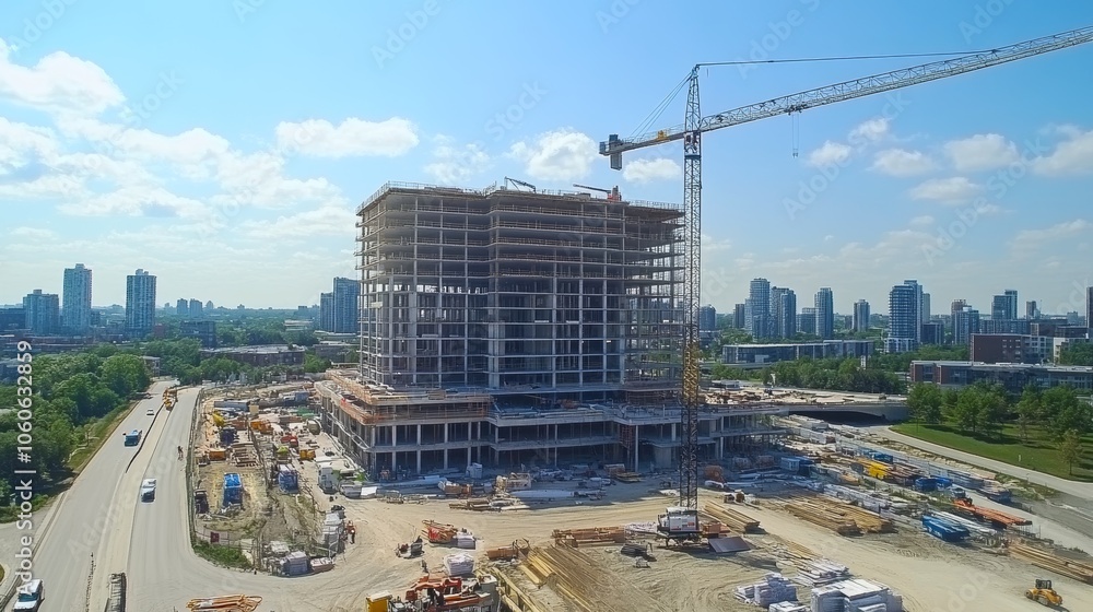 A construction site with a high-rise building under development and cranes in an urban landscape. A construction site with a high-rise building under development and cranes in an urban landscape.