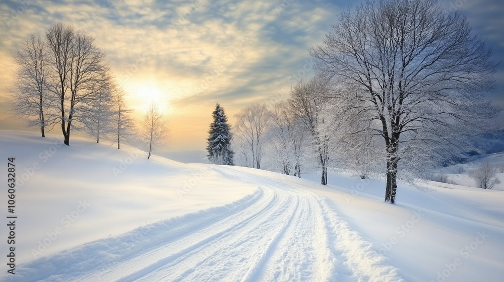 Snowy path winding through a winter landscape with trees at sunset Snowy path winding through a winter landscape with trees at sunset
