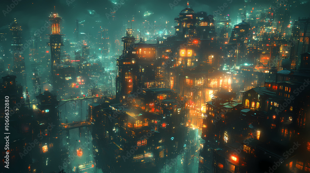 Fototapeta premium Vibrant Synthwave Cityscape: Neon Anime and Manga Art