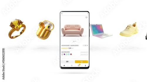 Shopping, e-commerce, application and sales theme. Technology that passes through the phone and products that are on sale.