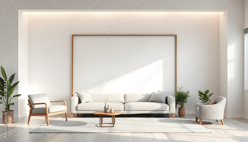 Living room with wall frame mockup isolated with white highlights, png Living room with wall frame mockup isolated with white highlights, png