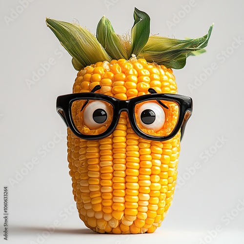 A quirky corn cob with glasses, retro style, warm tones, isolated on white background. photo