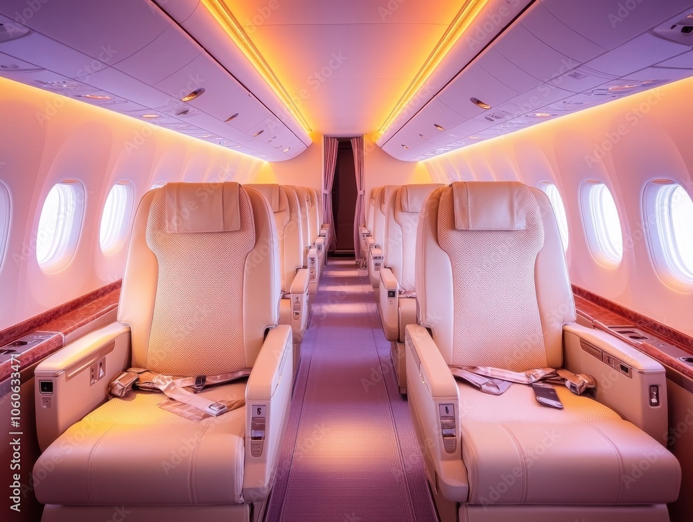 Fototapeta premium Spacious and luxurious airplane interior featuring elegant leather seats and ambient lighting for a premium travel experience.