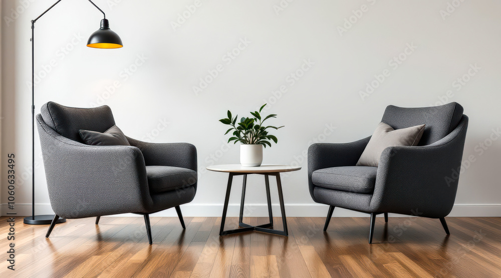 Fototapeta premium two grey armchairs facing each other a modern interior space