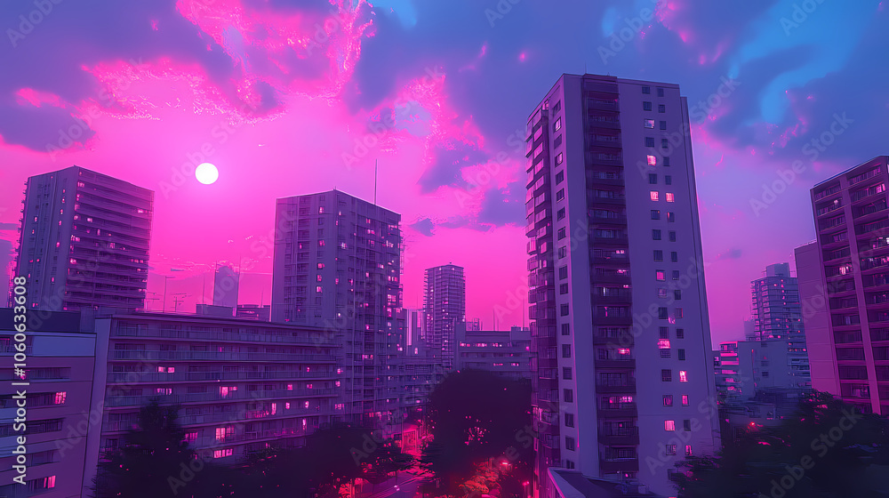Obraz premium Vibrant Synthwave Cityscape: Neon Anime and Manga Art