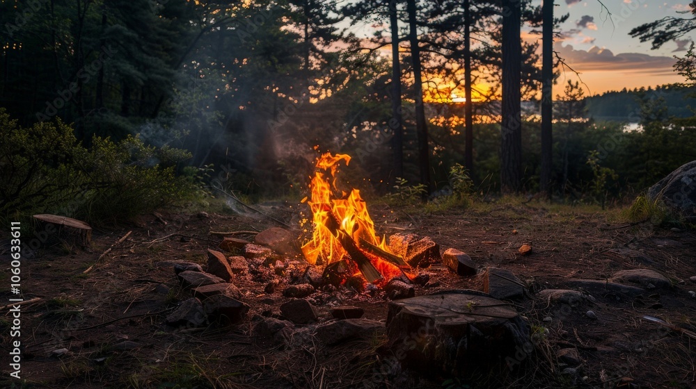 Smoke trails rising from a campfire in a forest at dusk Smoke trails rising from a campfire in a forest at dusk