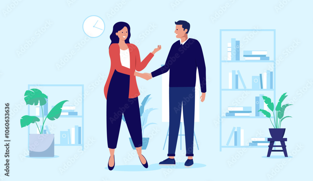 Handshake in office - Two people shaking hands over business agreement, deal or collaboration indoors at workplace. Businesspeople teamwork concept in flat design stock illustration graphic Handshake in office - Two people shaking hands over business agreement, deal or collaboration indoors at workplace. Businesspeople teamwork concept in flat design stock illustration graphic